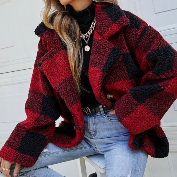 FLASH SALE!  Plaid Sherpa Flannel Women's Red Black Pea Coat Jacket - Picture 4 of 9